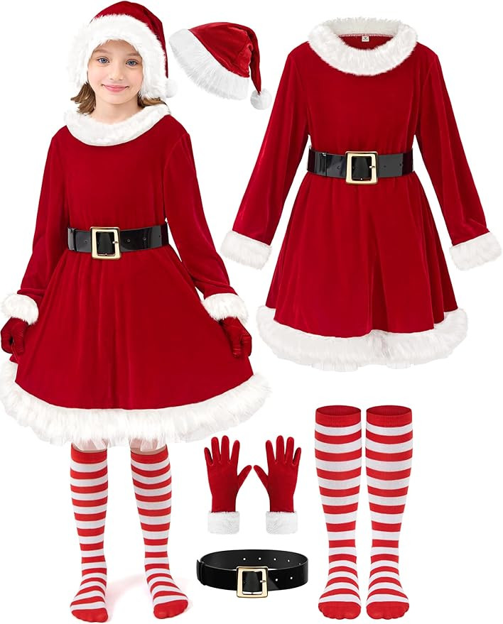 5 Pieces Girls Santa Dress, Santa Dress for Girls Kids Mrs Claus Costume with Belt Hat Christmas ... | Amazon (US)