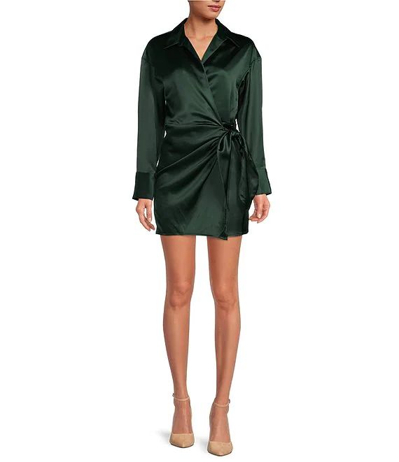 Avery Long Sleeve Satin Faux Wrap Point Collar Neck Dress | Dillard's