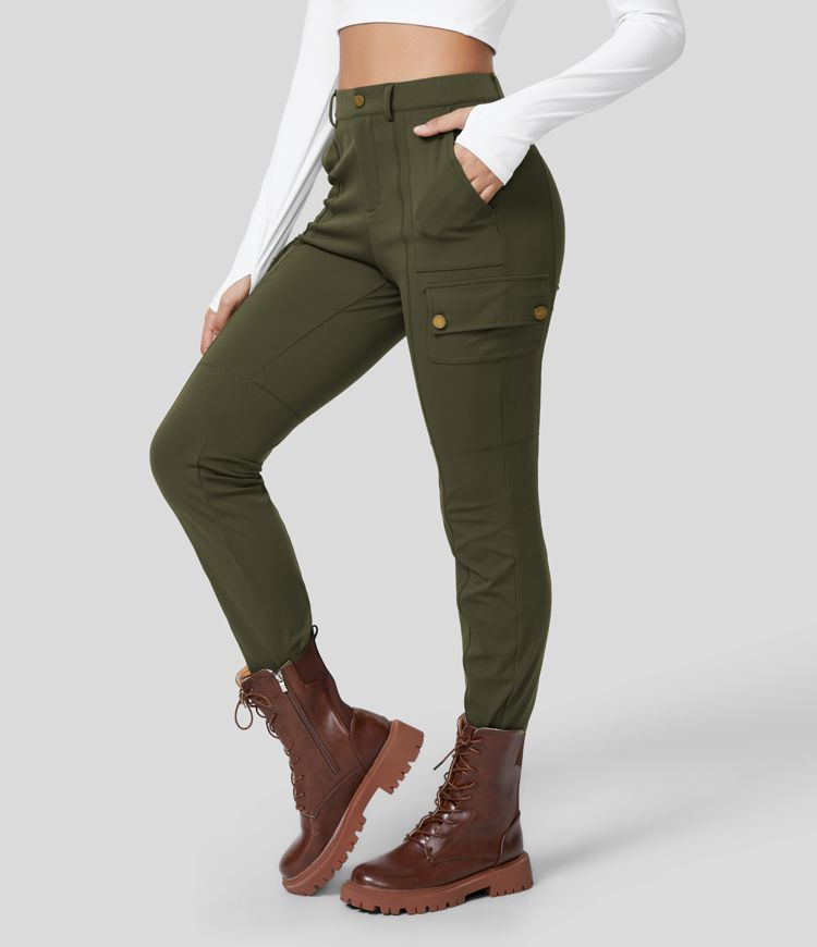 High Waisted Multiple Pockets Solid Skinny Cargo Pants | HALARA