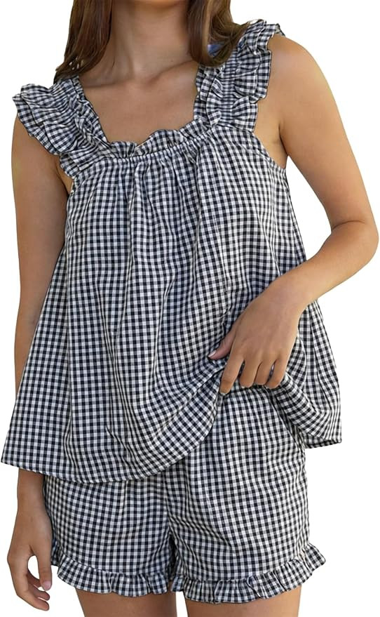 Womens Gingham Pajamas Set Cotton Ruffle Babydoll Cami Top and Shorts 2 Piece Sleepwear Loungewea... | Amazon (US)