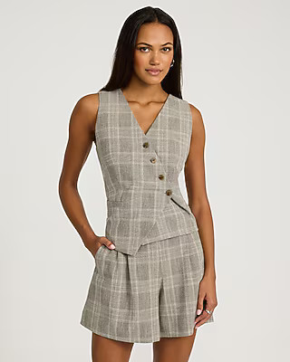 Plaid Asymmetrical Four Button Blazer Vest | Express