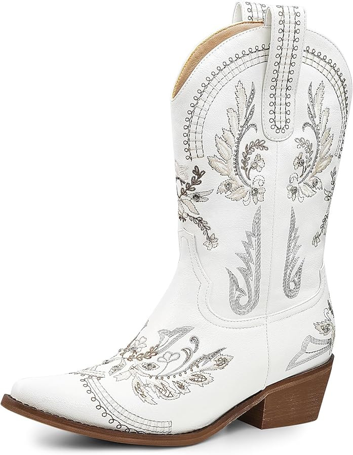 Short Cowgirl Boots for Women Embroidered Cowboy Ankle Boots,Pointed Toe Low Chunky Heel Pull On ... | Amazon (US)