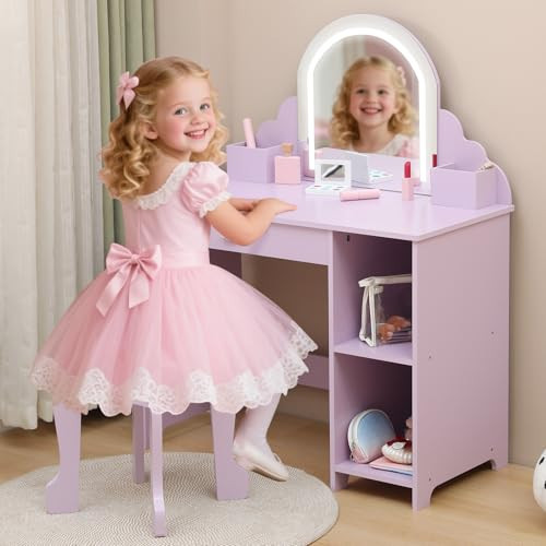 Garvee Kids Vanity with Lighted Mirror & Stool, Little Girls Vanity with Adjustable LED Light, Storage Drawer & Shelves for Girls 3-9, Purple | Amazon (US)