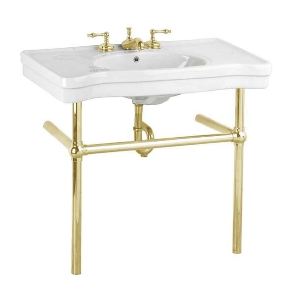 White Console Bathroom Sink 35.5 W Wall Mounted with Brass Bistro Legs, Soap Dish, Overflow and F... | Bed Bath & Beyond