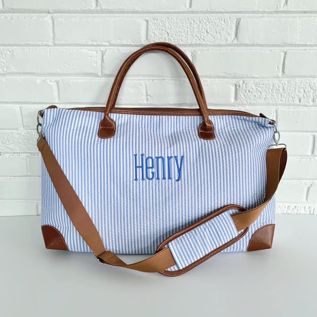 Monogrammed Personalized Seersucker Weekender Travel Bag, Monogram Duffel Bag, Seersucker Overnig... | Etsy (US)