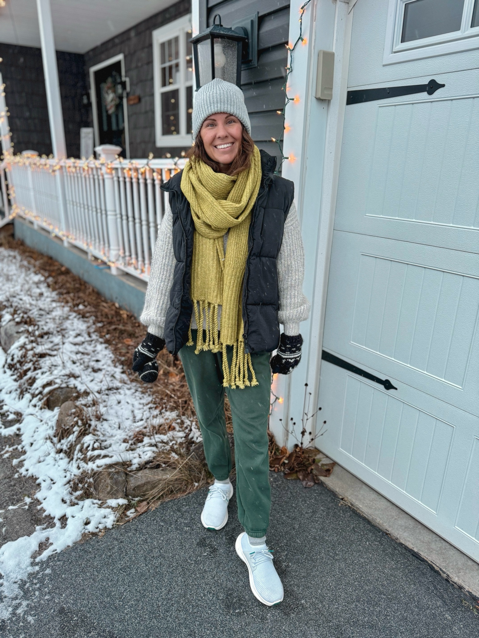 Wearing size small on my sweater and my puffer vest. 
My green sweatpants are older so I linked some similar options. 
My hat is so comfy (I own in 3 colors!)
I love the color of this scarf and it comes in other colors too.
I sized up a half size in my sneakers and they fit great!
My mittens are SO old so I linked similar! 

#LTKSeasonal #LTKFindsUnder100 #LTKHoliday