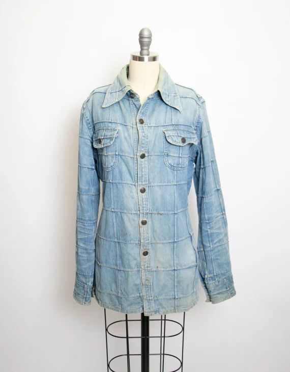 1970s Denim Jacket Pin Tucked Distressed Jean Shirt Medium | Etsy | Etsy (US)