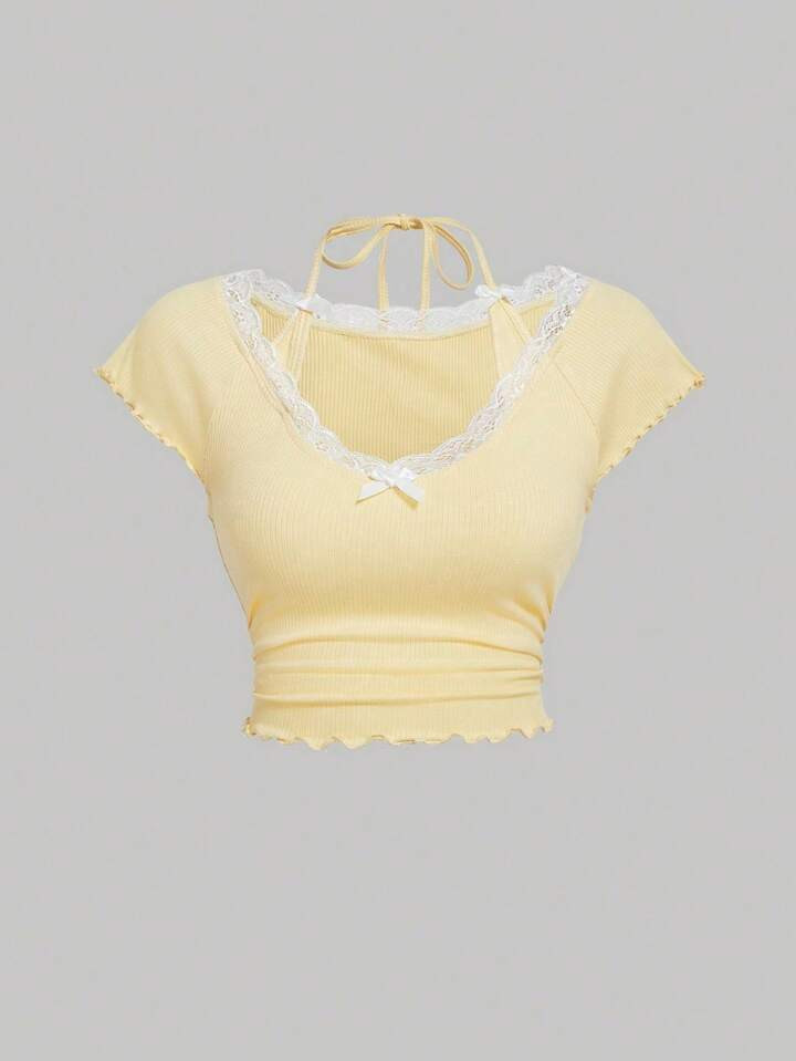 SHEIN MOD Plus Size Women's Lace  Trim Halter Tie Neck T-Shirt,Women Tops | SHEIN