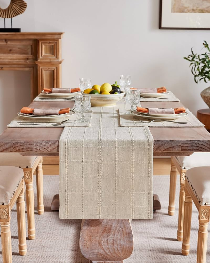 ZeeMart Linen Checked Table Runner, 13x90 Inches Beige, Textured Woven Farmhouse Table Runners 90... | Amazon (US)
