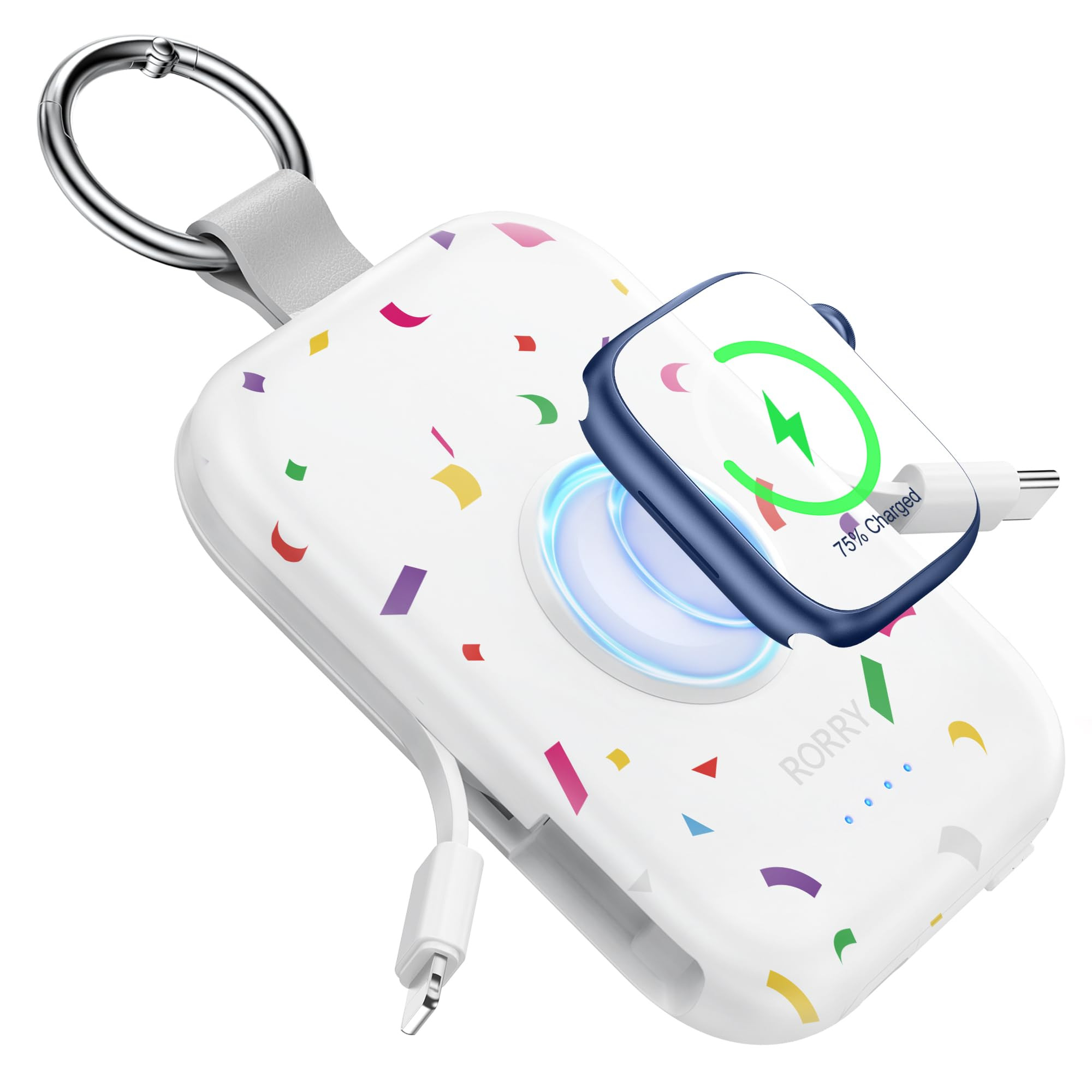 RORRY Portable Charger, 5000mAh Portable Charger Power Bank with Built-in Cables, Travel Keychain Battery Pack for Apple Watch Ultra 2/10/9/8/Ultra/7/6/SE/5, iPhone 16/15/14/13/12, Confetti-White | Amazon (US)