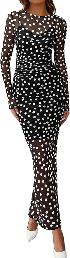 BTFBM Spring Dresses for Women 2026 2 Piece Set Long Sleeve Polka Dot Sexy Bodycon Mesh Dress and... | Amazon (US)