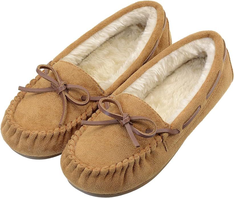 Vonair Women's Moccasin Slippers Micro Suede Warm Faux Fur Pile Lined Lace-Up Cozy Bow Indoor & O... | Amazon (US)