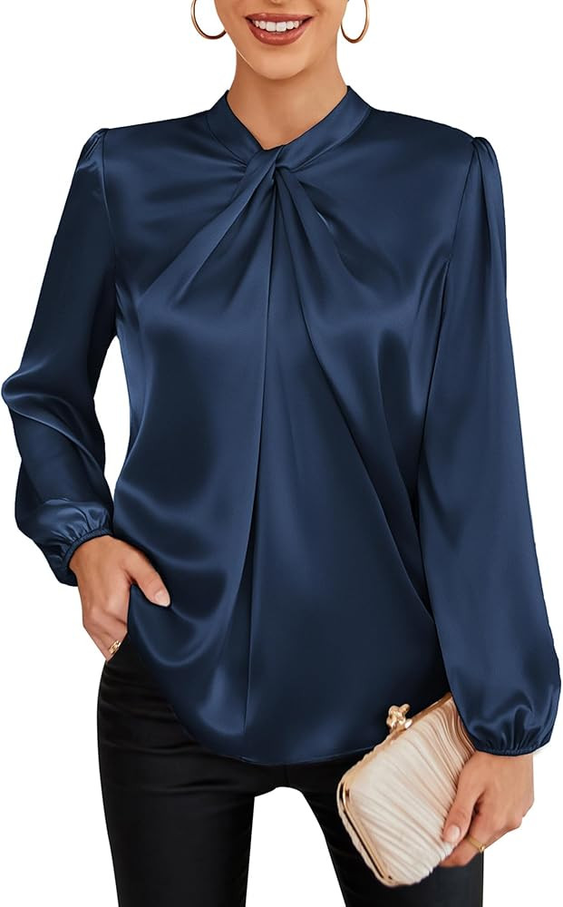 GRACE KARIN Women's Long Sleeve Satin Blouse,Mock Neck Work Silk Shirts,Dressy Tops for Business ... | Amazon (US)