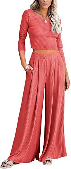 Lveberw Lounge Set Womens, Outfits Sets, Ribbed Crop Top Long Sleeve, Palazzo Pants - Loose Sweat... | Amazon (US)