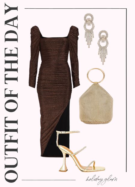 Holiday glam look! Brown sparkly maxi dress with gold accessories and lots of rhinestones! Dress runs true to size  

#LTKHoliday #LTKunder100 #LTKSeasonal