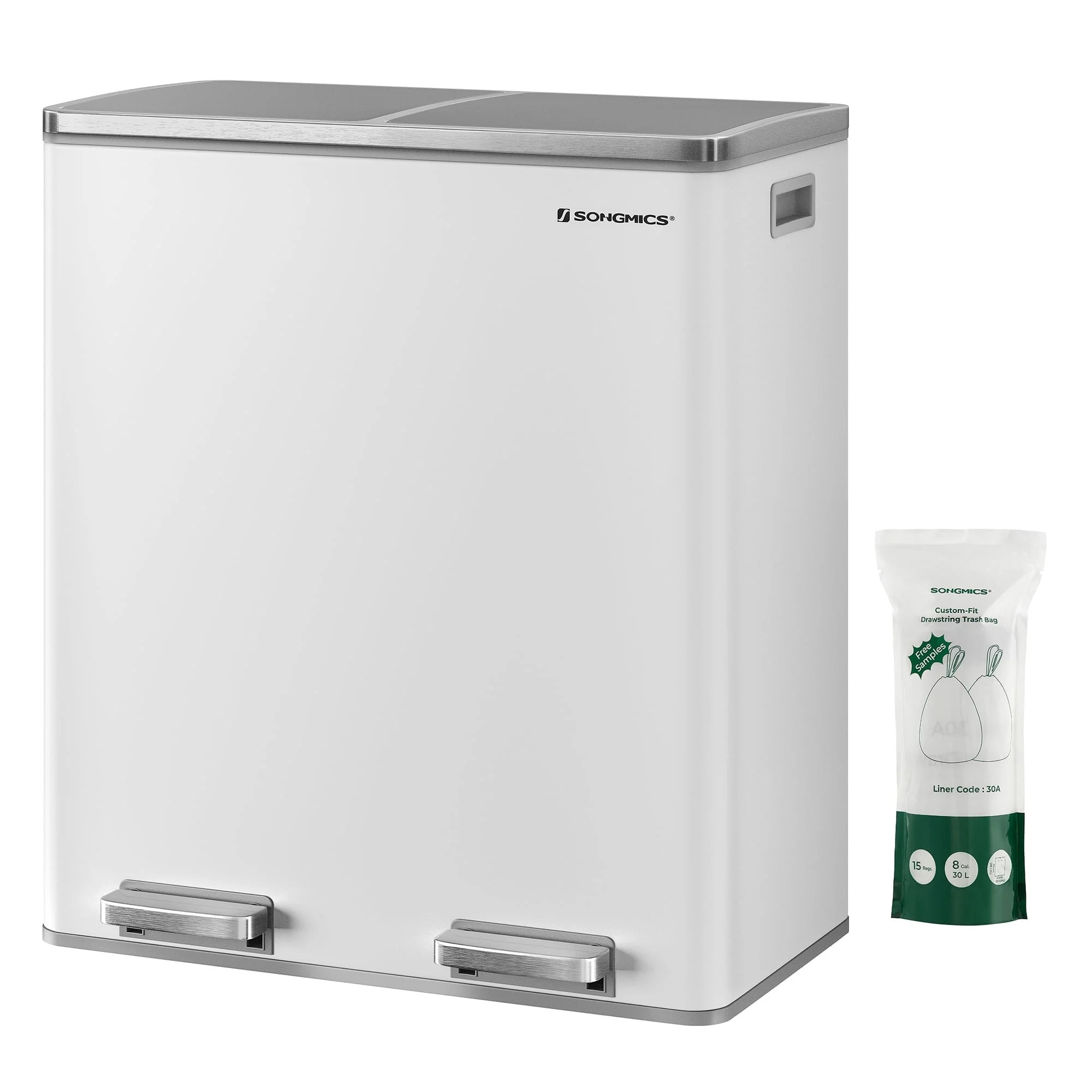 SONGMICS 16 Gal Dual Step Trash Can, with 15 Trash Bags, Recycle Bin, Pedal Bin, White and Gray | Walmart (US)