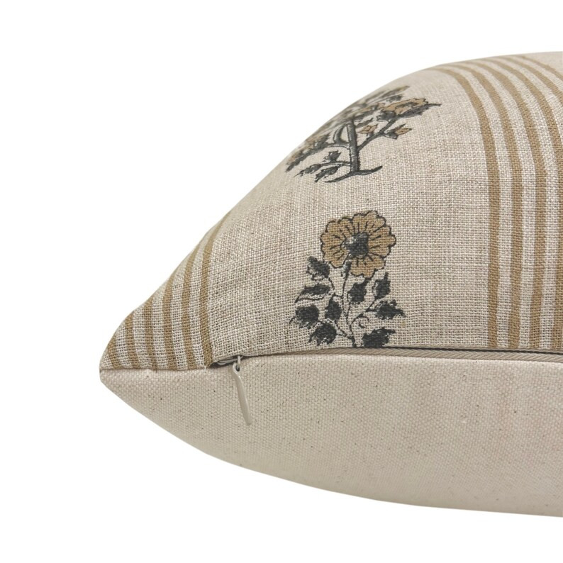 WREN Designer Floral Linen Pillow Cover, Beige and Green Floral Pillow Cover, Block Print Linen P... | Etsy (US)