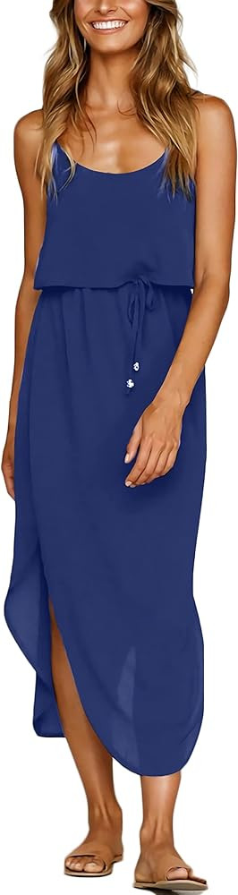 Women's Adjustable Strappy Split Summer Beach Casual Midi Dress | Amazon (US)