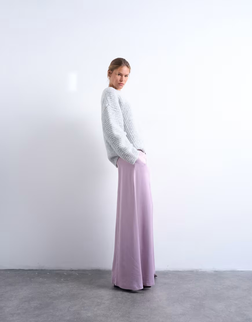 Topshop extreme wide leg satin trouser in pink | ASOS (Global)