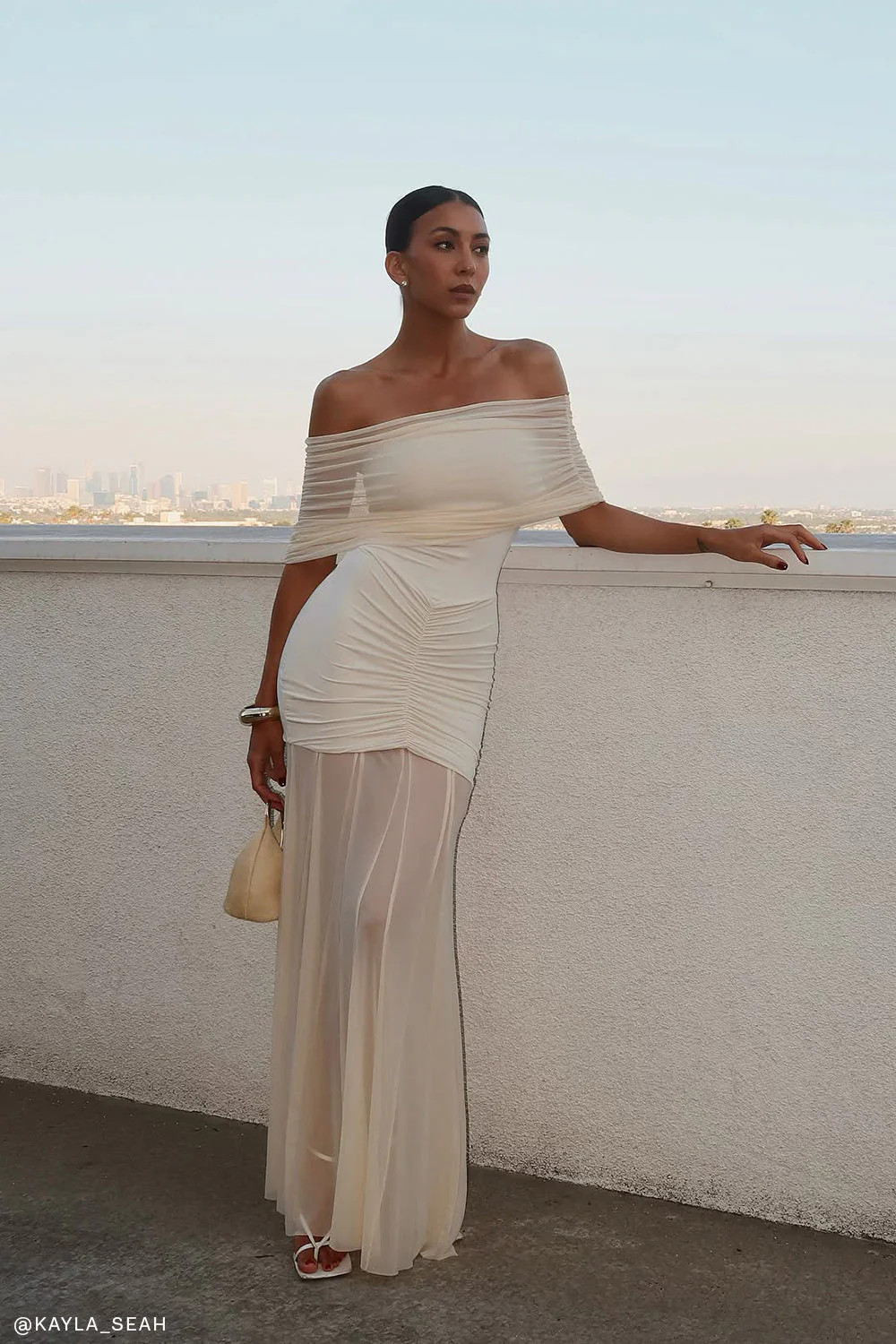 Slinky And Mesh Off Shoulder Maxi Dress - Ivory | MESHKI US