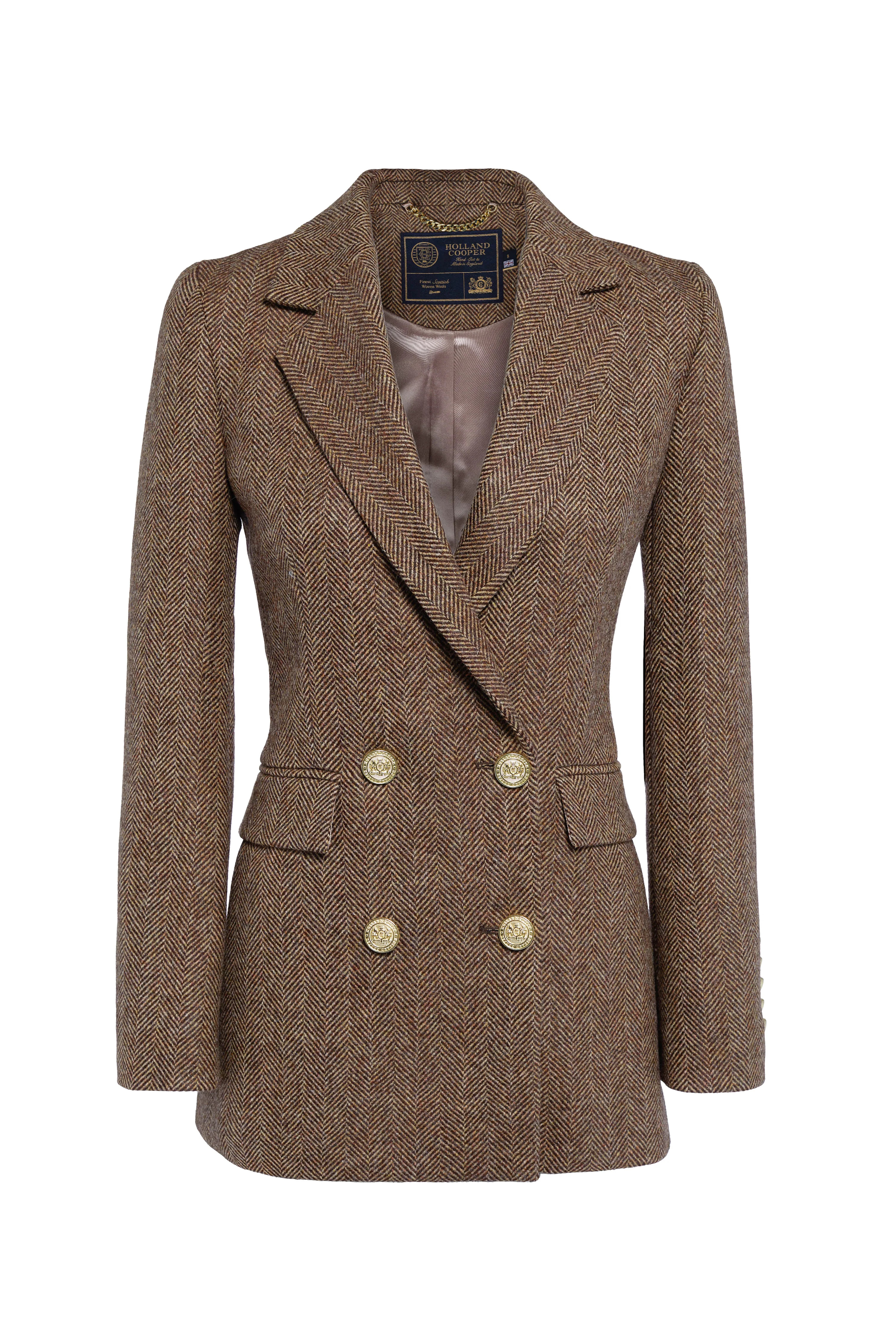 Double Breasted Blazer (Large Scale Brown Herringbone) | Holland Cooper