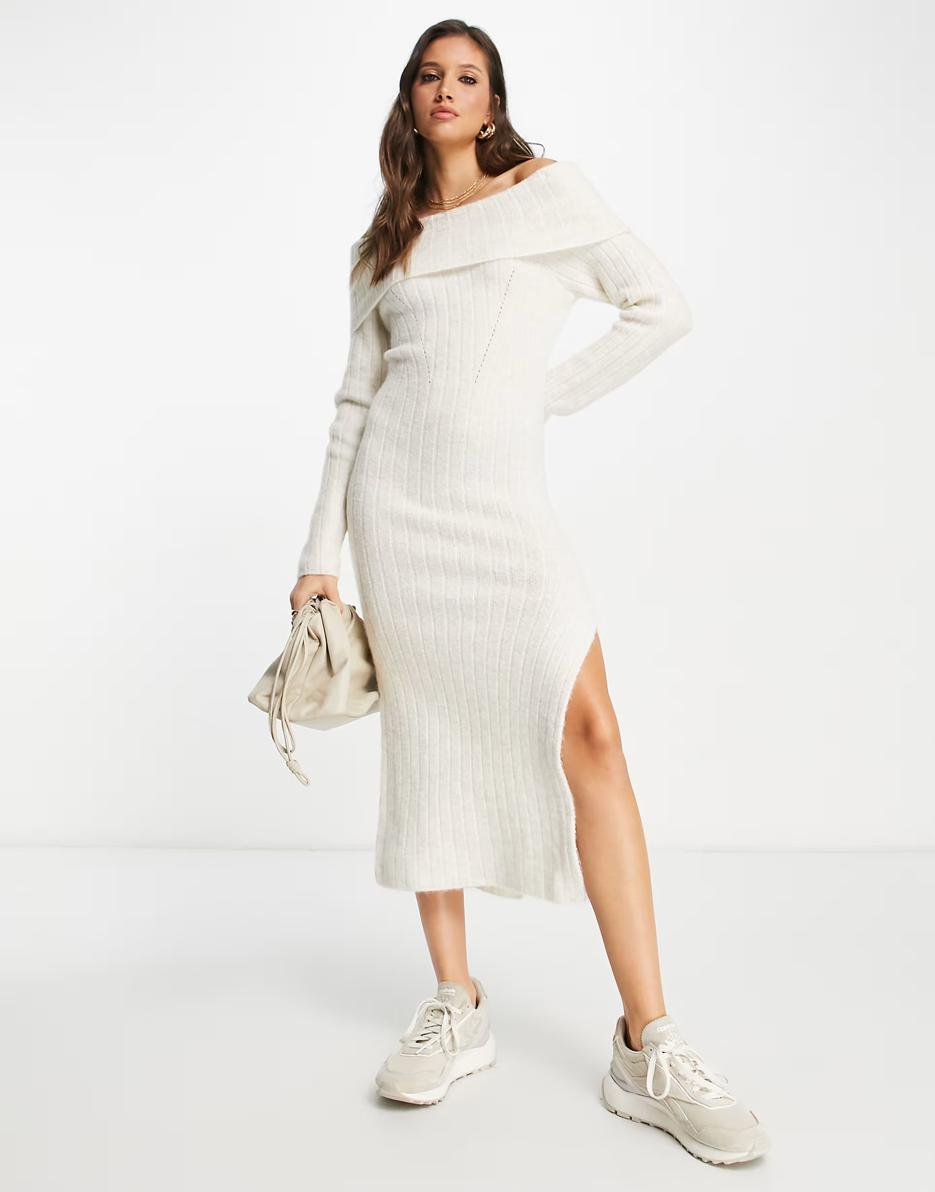 ASOS DESIGN knitted off shoulder maxi dress in cream | ASOS (Global)