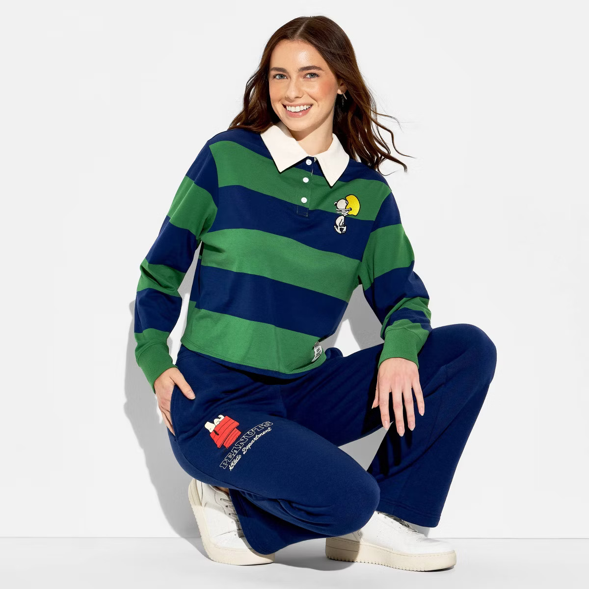 Women's Peanuts Snoopy Striped Polo Graphic T-Shirt - Green XS | Target