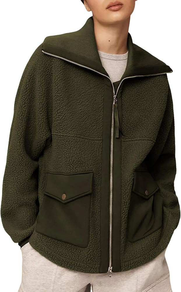 Ailoqing Womens Winter Full Zip Up Fleece Jackets Long Sleeve Fuzzy Sherpa Casual Warm Coats with... | Amazon (US)