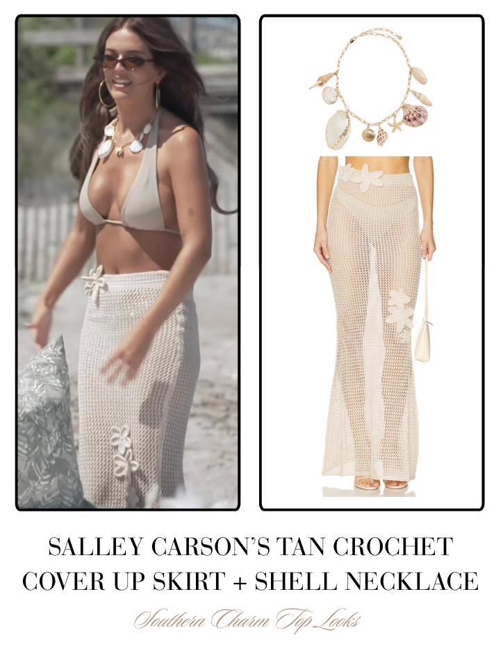 Salley Carson's Tan Crochet Cover Up Skirt and Shell Necklace 

 