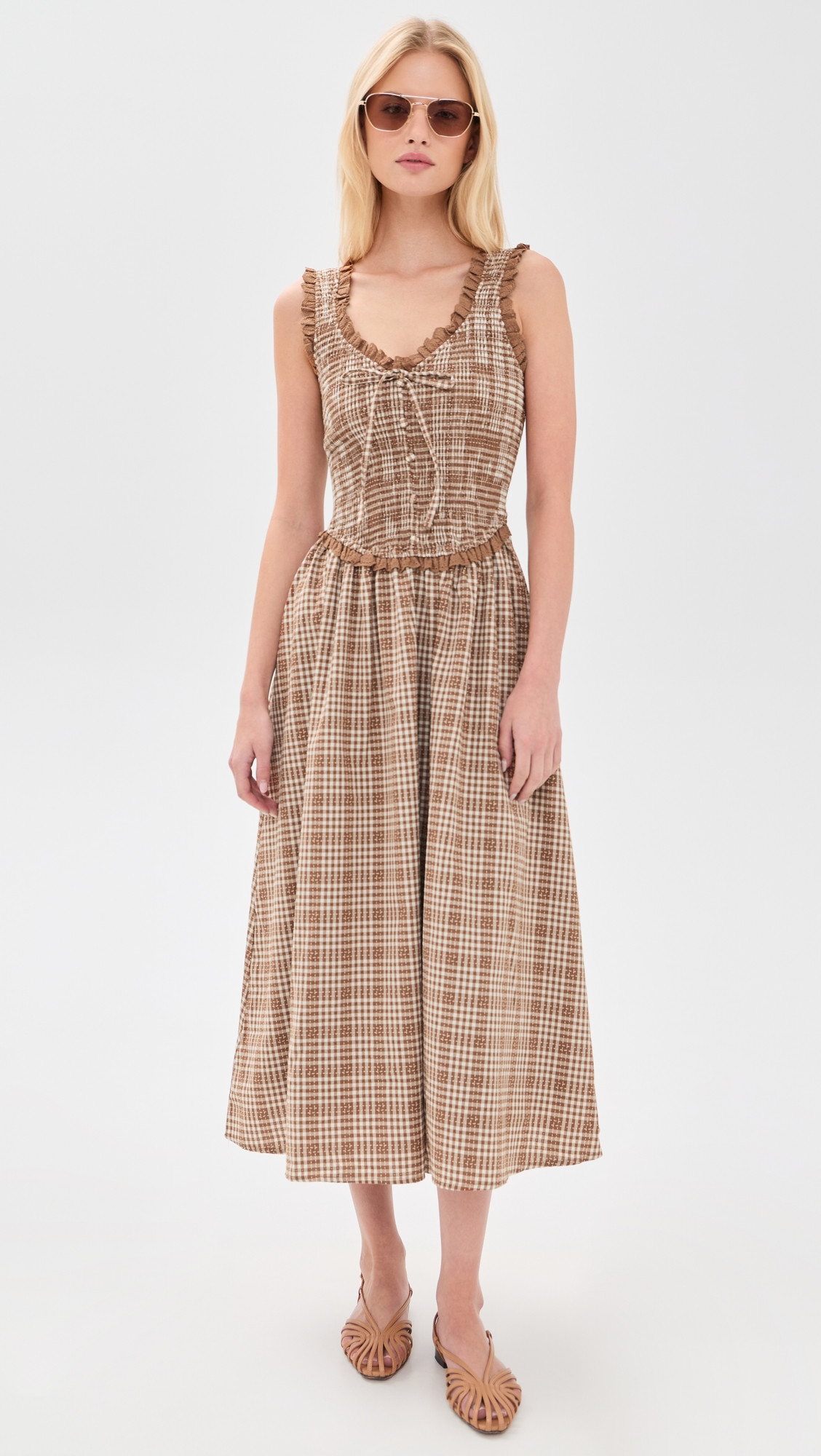 Moon River Smocked Lace Insert Midi Dress Camel Multi L | Shopbop
