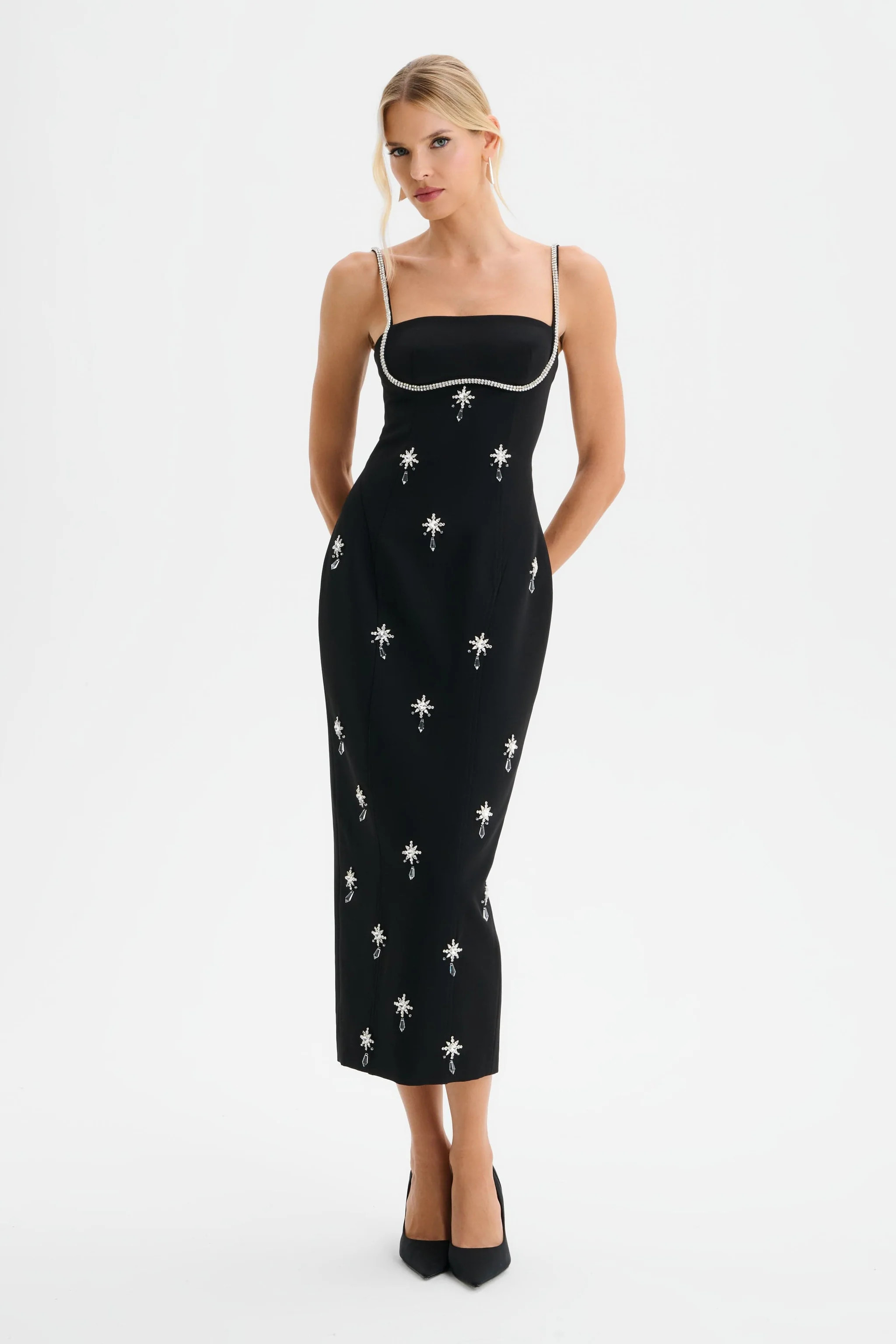 DAISY Hand Embellished Contour Tailored Midi Dress in Black | Lavish Alice Retail Ltd