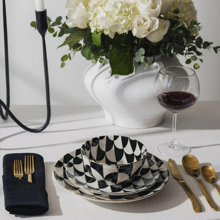 Thyme & Table Emmett 12-Piece Ceramic Dinnerware Set Black and White | Walmart (US)