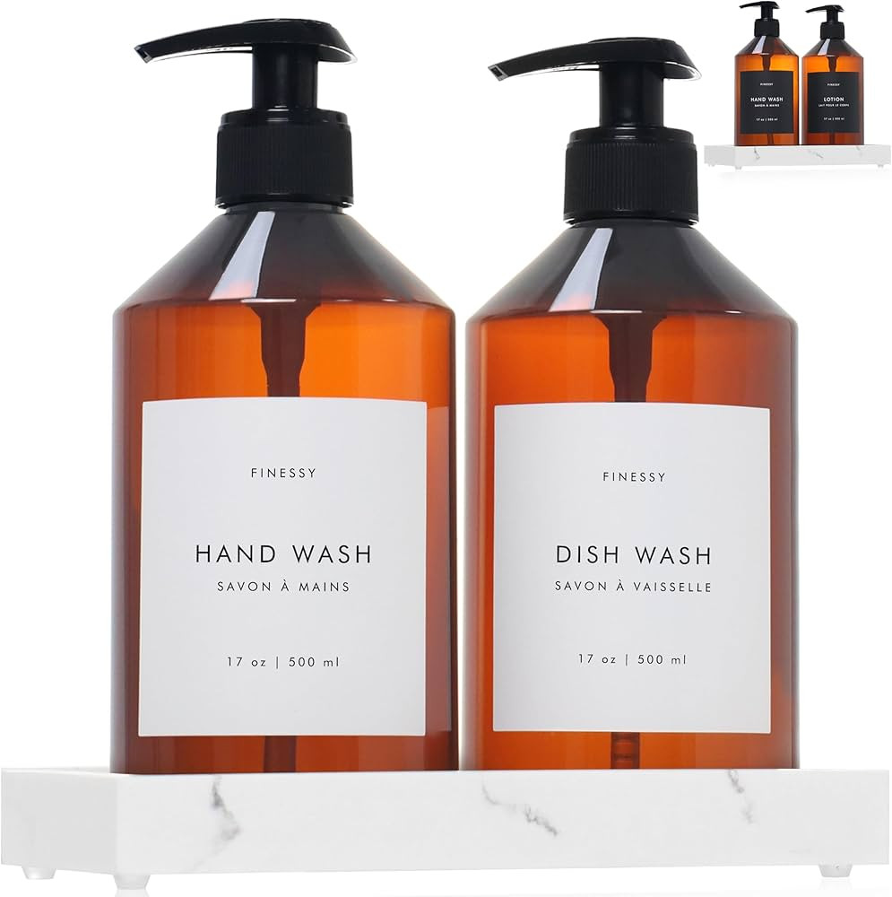 FINESSY Kitchen Soap Dispenser Set with Tray, Amber Dish Soap Dispenser for Kitchen Set for Hand ... | Amazon (US)