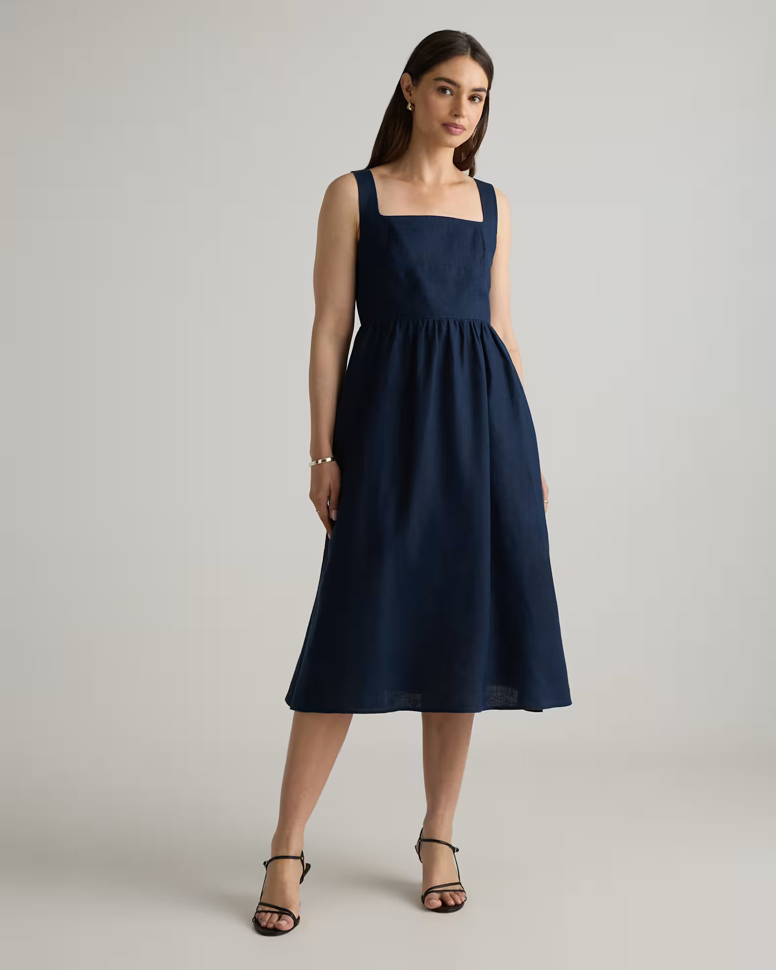 100% European Linen Fit & Flare Midi Dress in Deep Navy | Quince