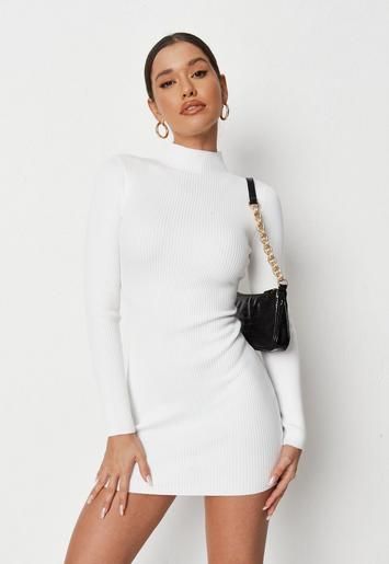 Missguided - Recycled White High Neck Knit Mini Dress | Missguided (US & CA)