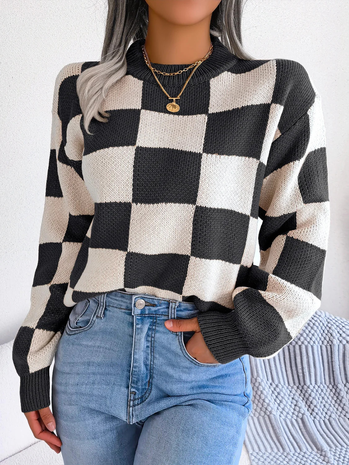 Checkered Mock Neck Long Sleeve Sweater | Black / S | Casual Chic Boutique