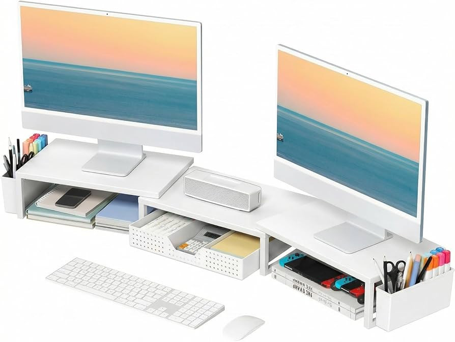 OPNICE White Dual Monitor Stand Riser, Metal Desk Organizers and Accessories with Drawer and 2 Pe... | Amazon (US)