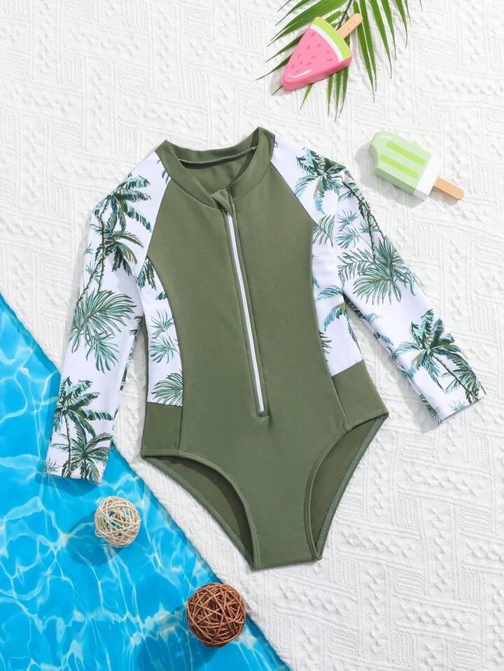 Young Girl Tropical Printed Rash Guard Swimsuit | SHEIN