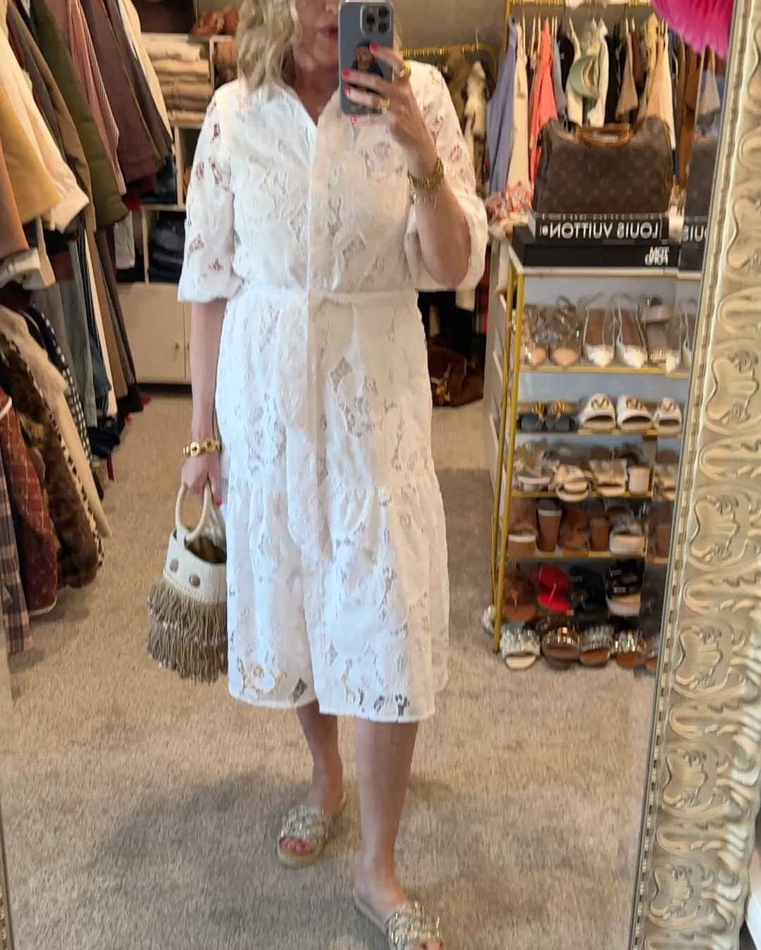 The perfect white eyelet summer dress 🤍🤍 coastal grand mother  style 
Fully limed , has pockets  button front and elbow length sleeve. 

Perfect dress for Mother’s Day, summer social season, graduation, baby showers, parties. 


Summer tassel linen and sea shell bucket bag you’ll use all summer long 

Rope knot blink slide sandals 

Gold link Julie Vos bracelet and ring 

Gold and bling  hoop earring 


#LTKootd #LTKMothersDay #LTKdayinmylife