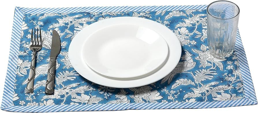 Rectangle Block Print 100% Cotton Ruffle Placemat Set of 4, 20x14 Inch - Set of 4 Floral Placemat... | Amazon (US)