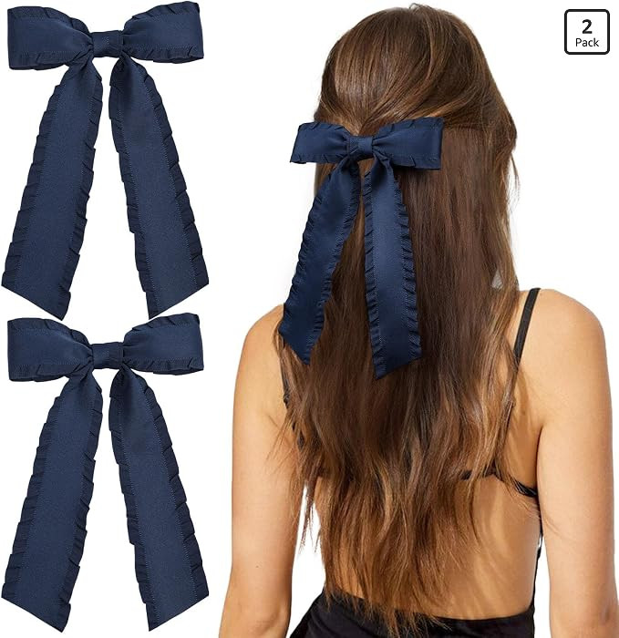 2PCS Hair Bows for Women Girls, Navy Tassel Hair Ribbon Bowknot Hair Clips Barrettes Hair Accesso... | Amazon (US)