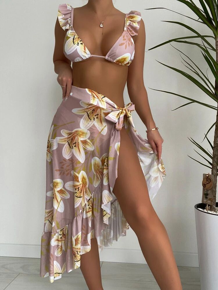 Floral Print Ruffle Triangle Bikini Swimsuit & Beach Skirt | SHEIN
