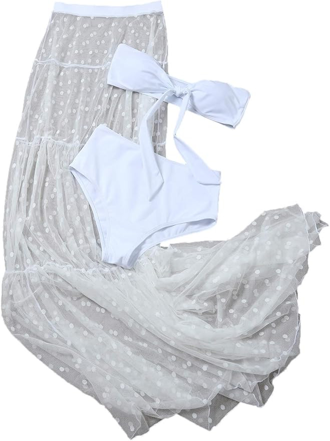 SheIn Women's 3 Pieces Tie Front Tube Top Bikini Swimsuit and Swimwear Cover Up Beach Skirt | Amazon (US)