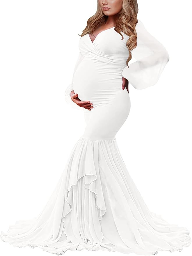 Saslax Long Chiffon Sleeve Tired Mermaid Maternity Dress for Photoshoot Photography Baby Shower | Amazon (US)