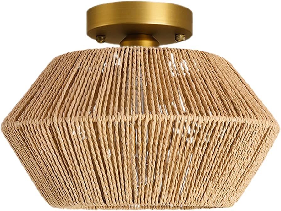 Capslpad Woven Rattan Ceiling Light Fixtures Boho Semi Flush Mount Ceiling Light Hand-Woven Cage ... | Amazon (CA)