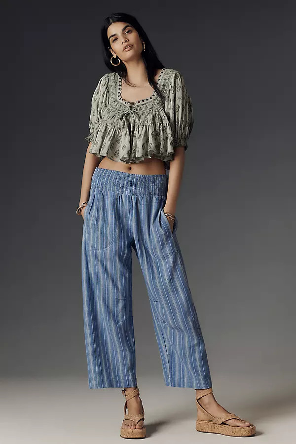The Reese Smocked Pull-On Barrel Pants by Pilcro: Striped Linen Blend Edition | Anthropologie (US)