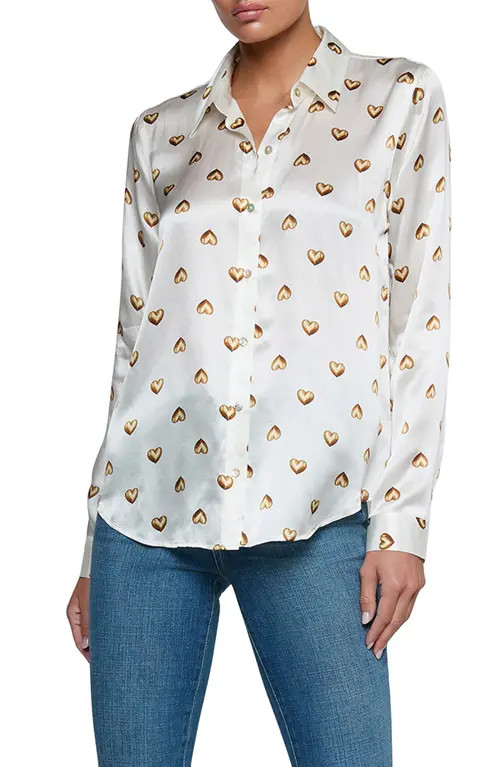 L'AGENCE Tyler Heart Print Silk Button-Up Shirt in Vintage White Gold Heart Stud at Nordstrom, Size Medium | Nordstrom