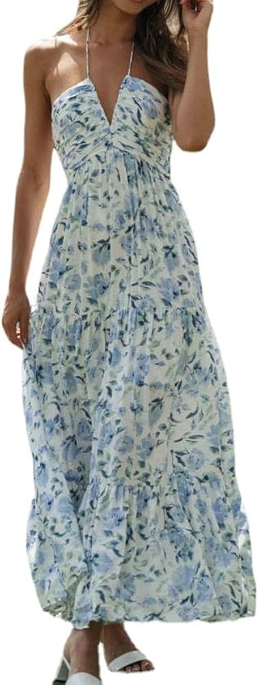 Women's Summer Chiffon Halter V Neck Sleeveless Floral Flowy A Line Maxi Dress Boho Backless Tier... | Amazon (US)