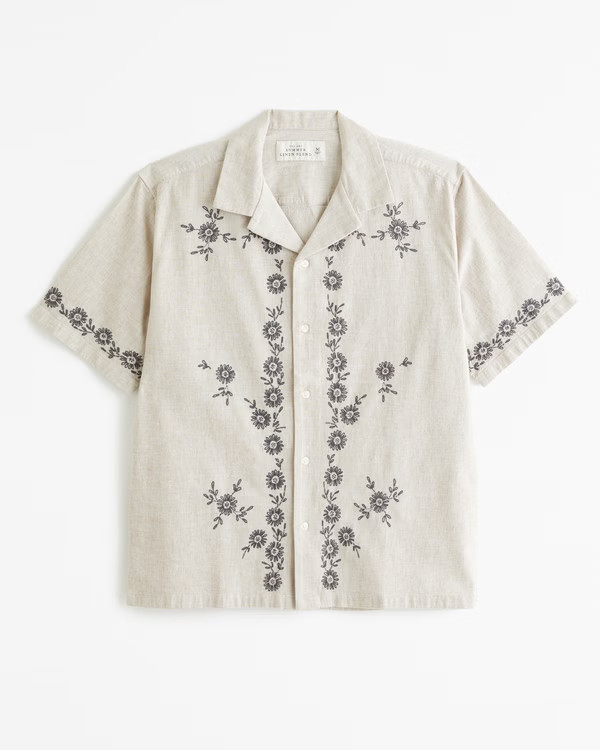 Camp Collar Summer Linen-Blend Embroidered Shirt | Abercrombie & Fitch (US)