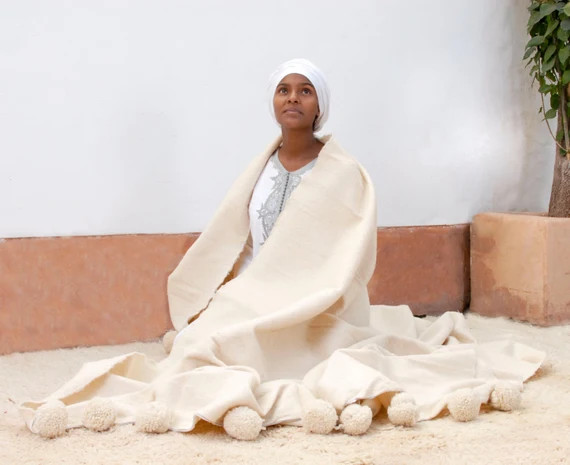 Wool Blanket Throw Pom Pom, Moroccan PomPom Bedspread Coverlet, Hand Loomed Bed Cover, Hand Woven... | Etsy (US)